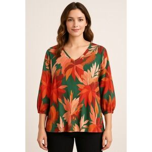 NWT Southern Stitch Womens 2XL Green Floral‎ V Neck Long Sleeve Blouse Top